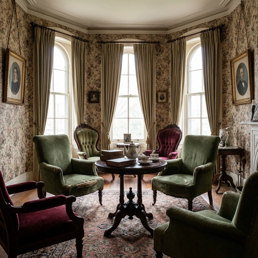 Intimate art display in Victorian parlor with paintings and cozy seating