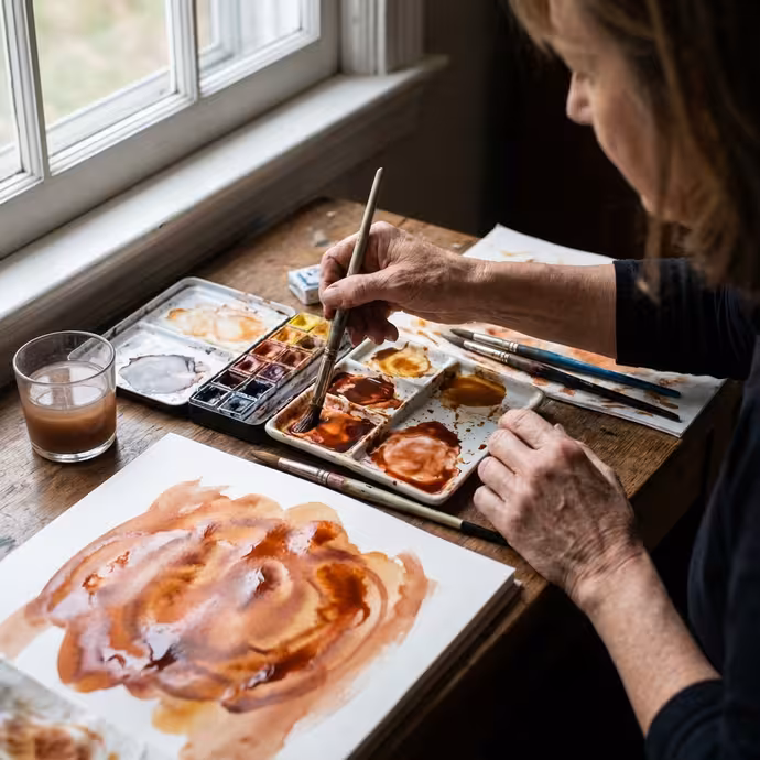 Hands mixing watercolor paint in palette with brushes nearby