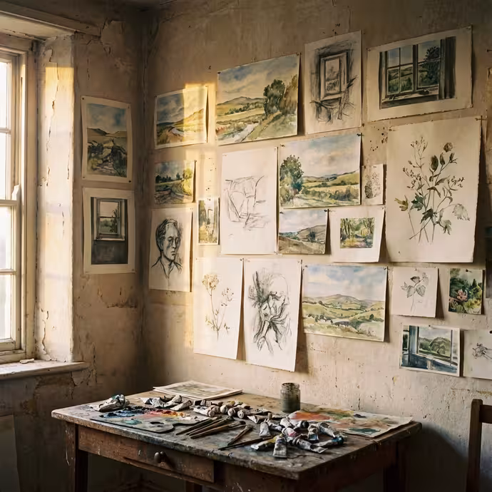 Wall with tacked watercolor paintings, sketches, and amateur art