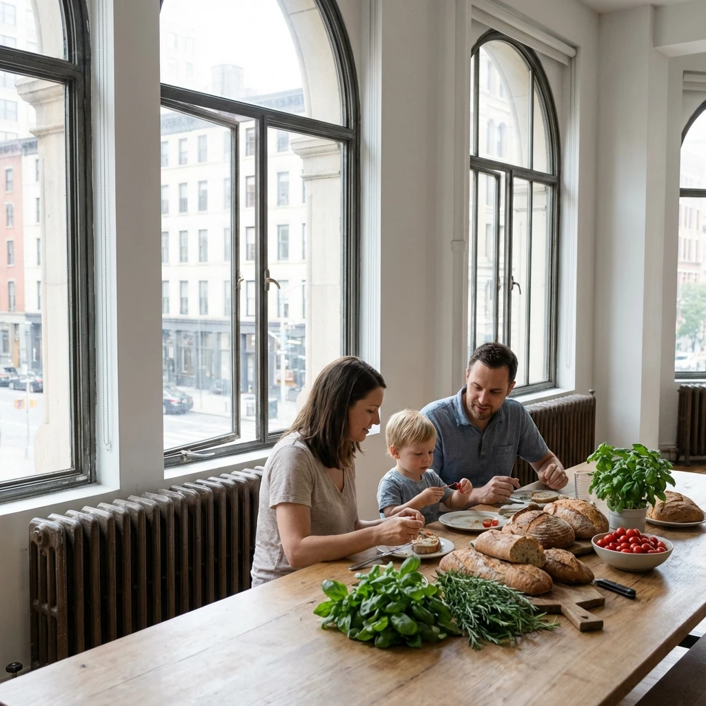 Friends enjoying brunch together, laughter and community around the table