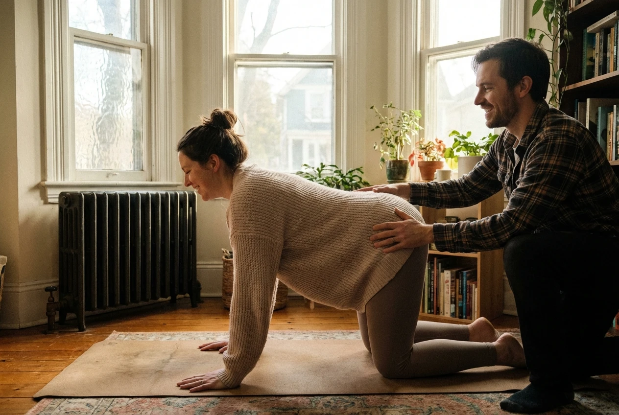 Pregnant woman practicing gentle cat-cow yoga pose in Victorian cottage parlor with partner assistance