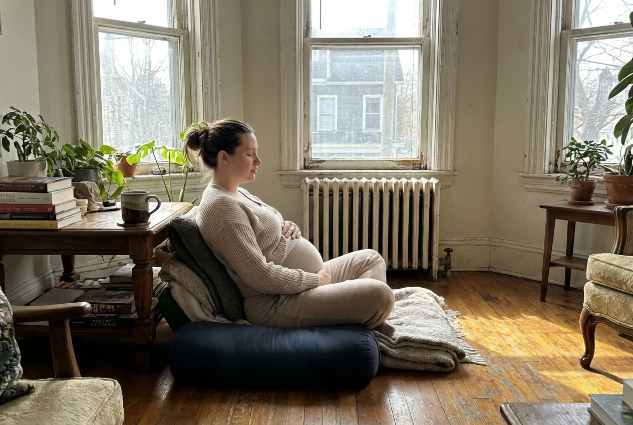Pregnant woman resting in supported child's pose with yoga bolster in Victorian cottage