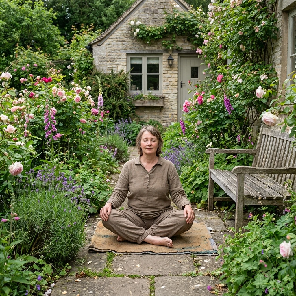 Group meditation in peaceful garden setting