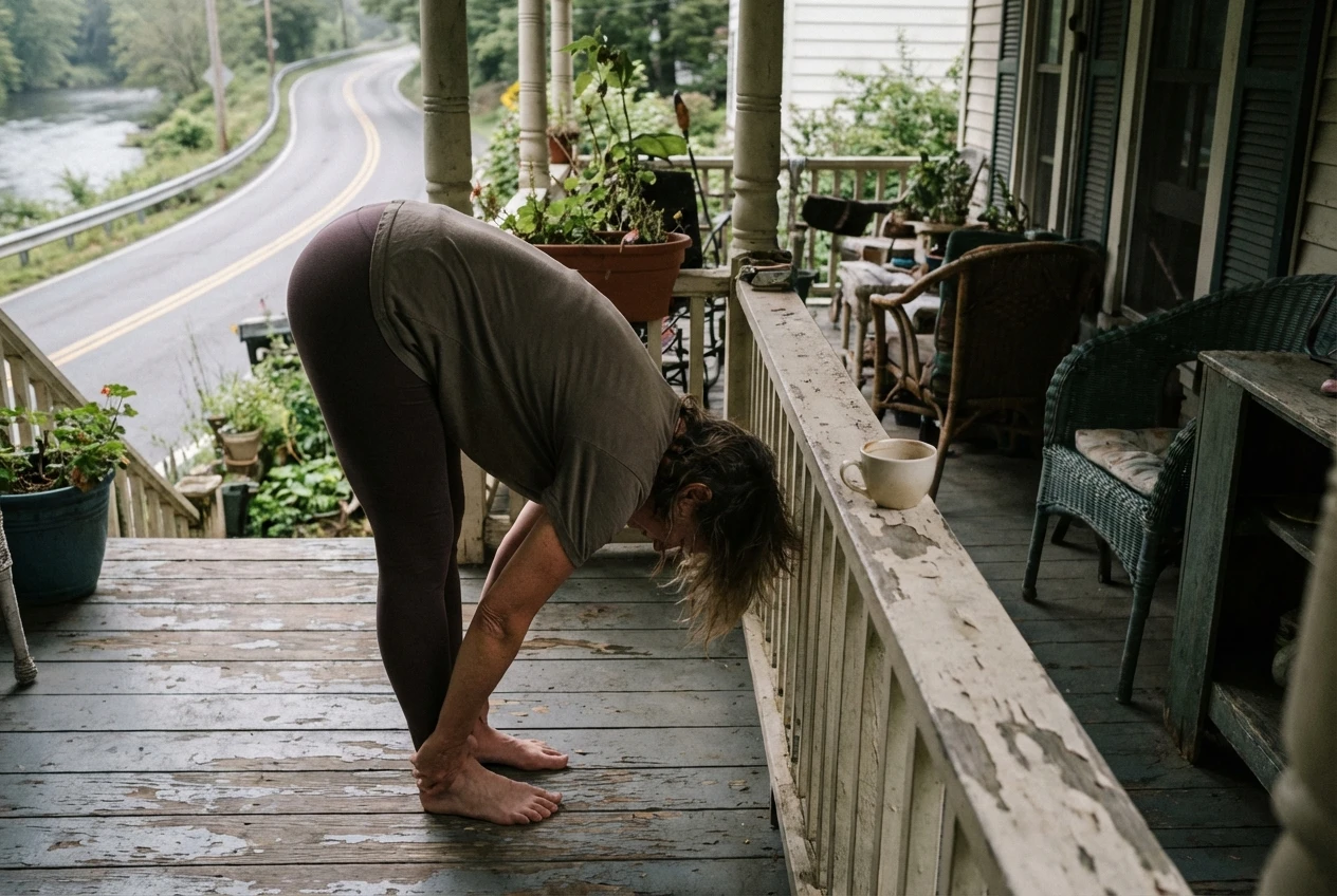 Morning stretch on Victorian porch overlooking River Road