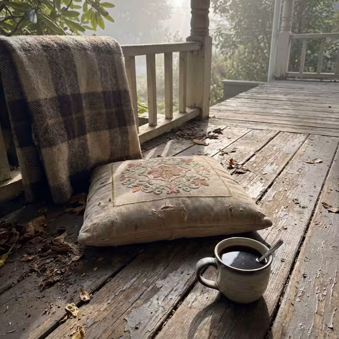 Weathered meditation cushion on Victorian porch with cold tea beside it