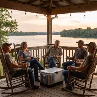 Neighbors gathered on a Victorian wraparound porch during Sunday evening community gathering at Bill