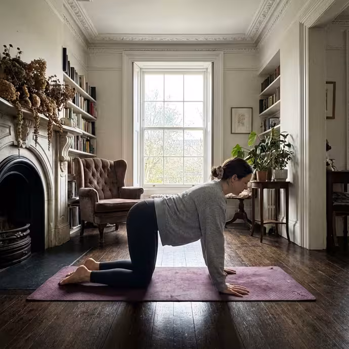 Morning yoga practice in a Victorian parlor