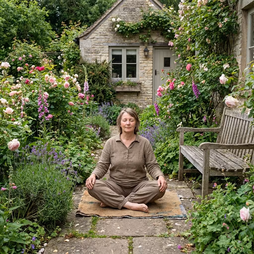 Group meditation in peaceful garden setting