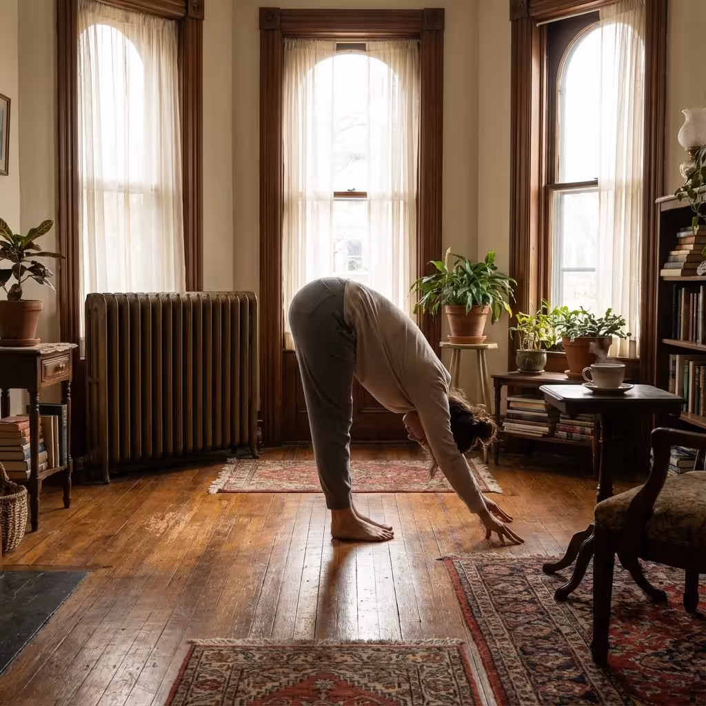 Morning yoga practice on parlor floor in Victorian cottage